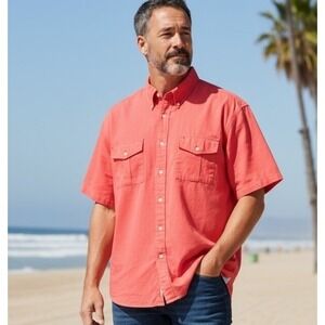 Tommy Hilfiger Button Down Mens‎ XL Coral Red Short Sleeve Cotton Utility Shirt